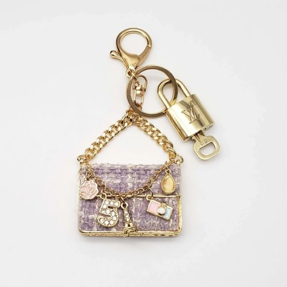 Authentic Louis Vuitton Padlock & Key Gold ✨Unbranded Tweed Bag Charm Keychain
